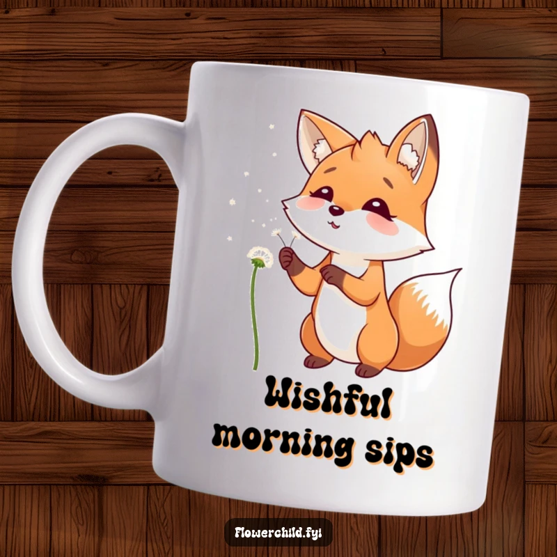 Funny Mug featuring a playful fox smiling while blowing dandelion seeds into the wind, creating wishes.