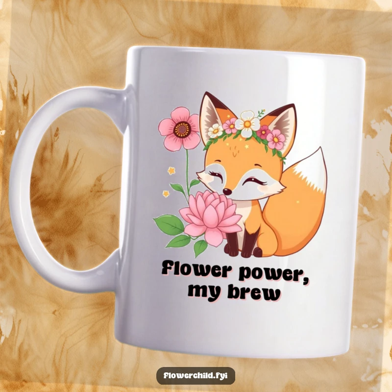 Funny curious fox character wearing a flower crown sniffing a giant bloom, a charming mug for cozy moments.