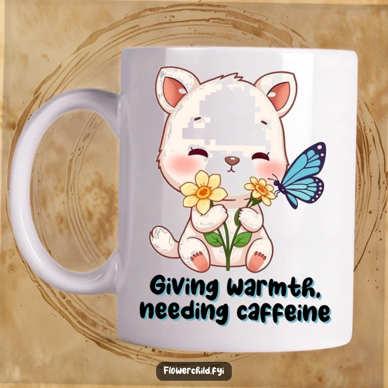 Funny mug depicting a gentle animal character kindly offering a delicate flower to a tiny, colorful butterfly.