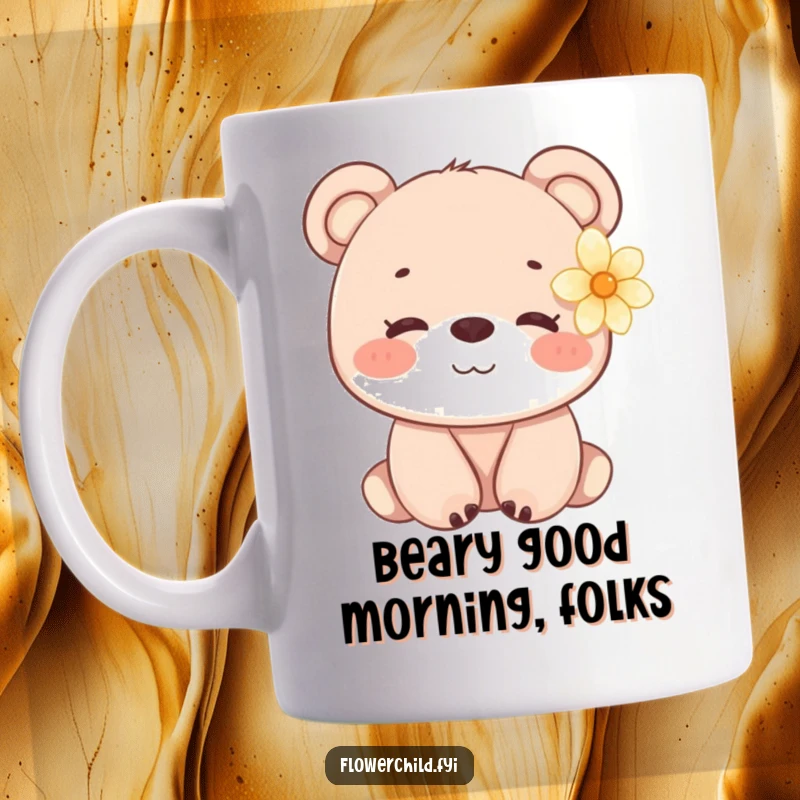 Funny Gentle Bear Cub Mug: A smiling bear cub with a flower behind its ear, exuding sweetness.