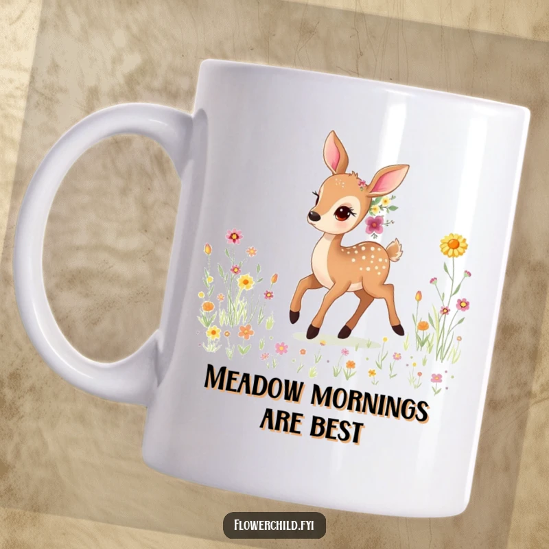 Funny Gentle Deer Mug: A graceful deer adorned with vibrant wildflowers prances peacefully through a sun-drenched meadow. Serene and funny.