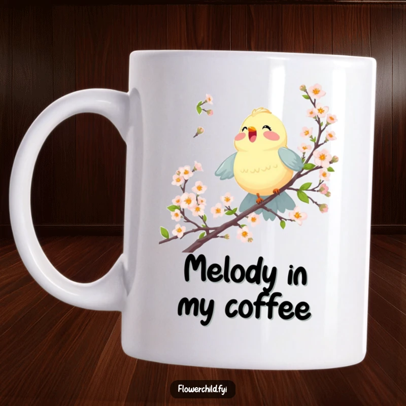 Funny mug featuring a joyful bird singing happily amidst blossoming branches, evoking a sense of cheerful melody.