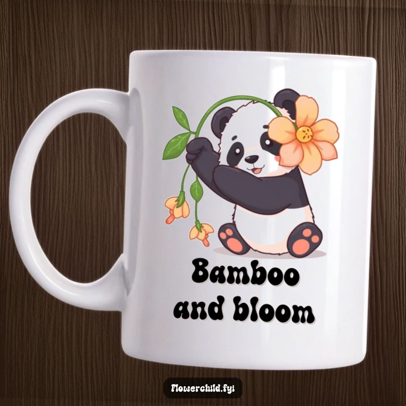 Funny panda mug showing a cuddly panda playfully batting at a large, dangling flower with its paws.