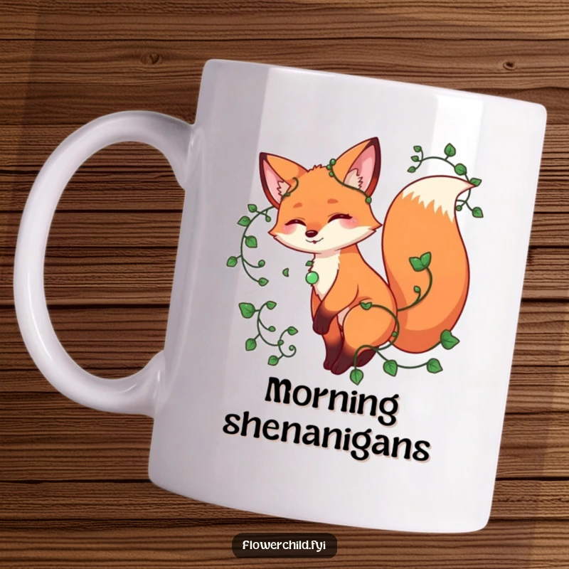 Funny fox mug, a playful fox twirling with vines entwined around its tail, embodying a spirit of nature and fun.