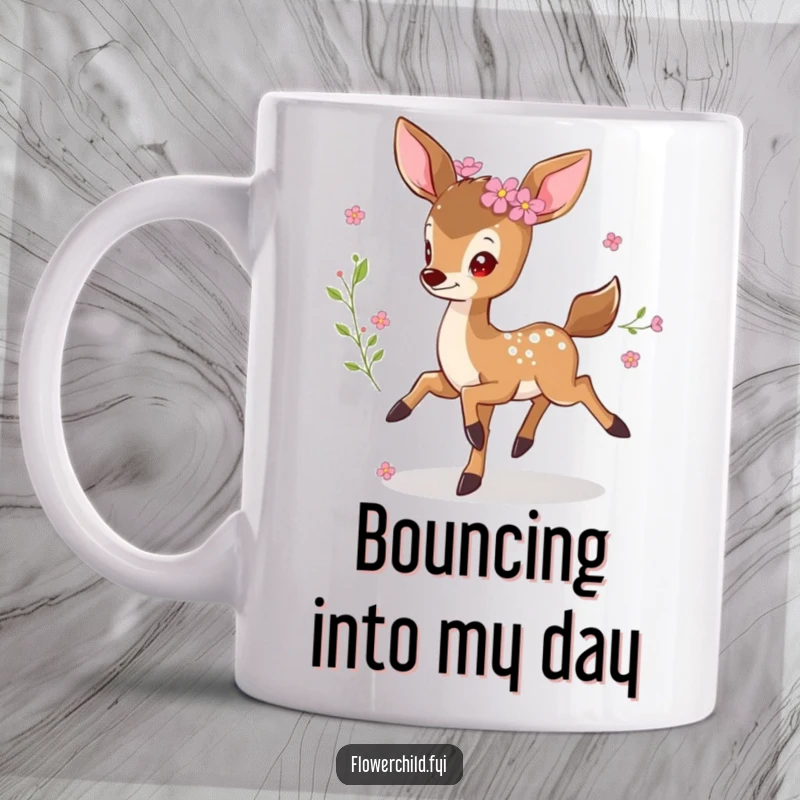 Funny prancing deer mug, a small, graceful fawn with colorful flowers adorning its fur, depicted in a joyful, leaping motion.