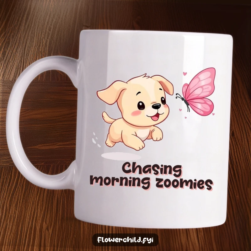 Funny Puppy Petal Butterfly Mug: A playful puppy enthusiastically chases a fluttering butterfly made of colorful flower petals, full of energy.