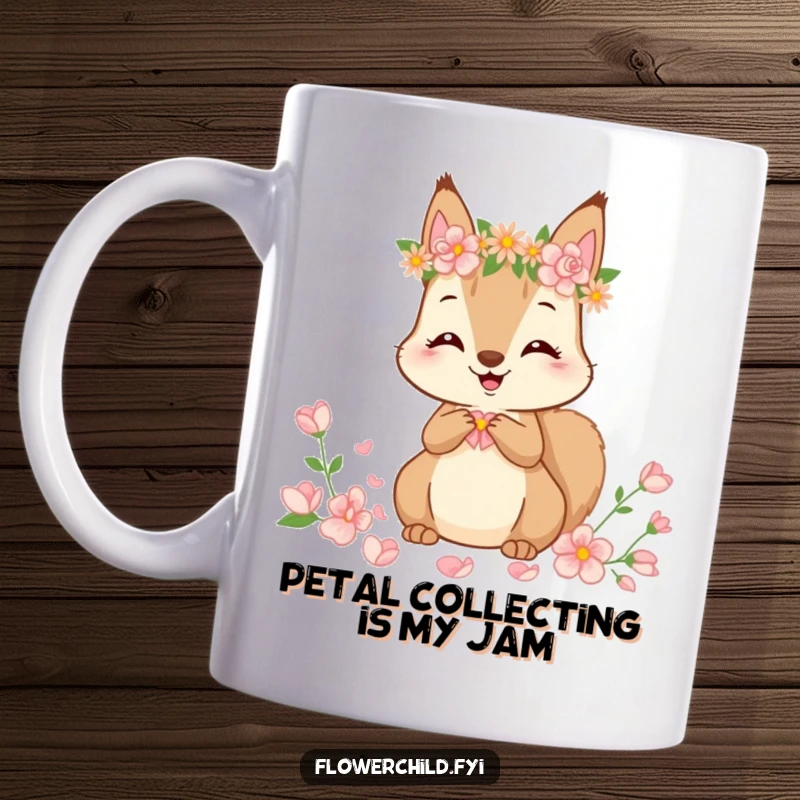 Funny Mug featuring a cute squirrel in a flower crown, happily gathering colorful petals with a joyful expression, celebrating spring.