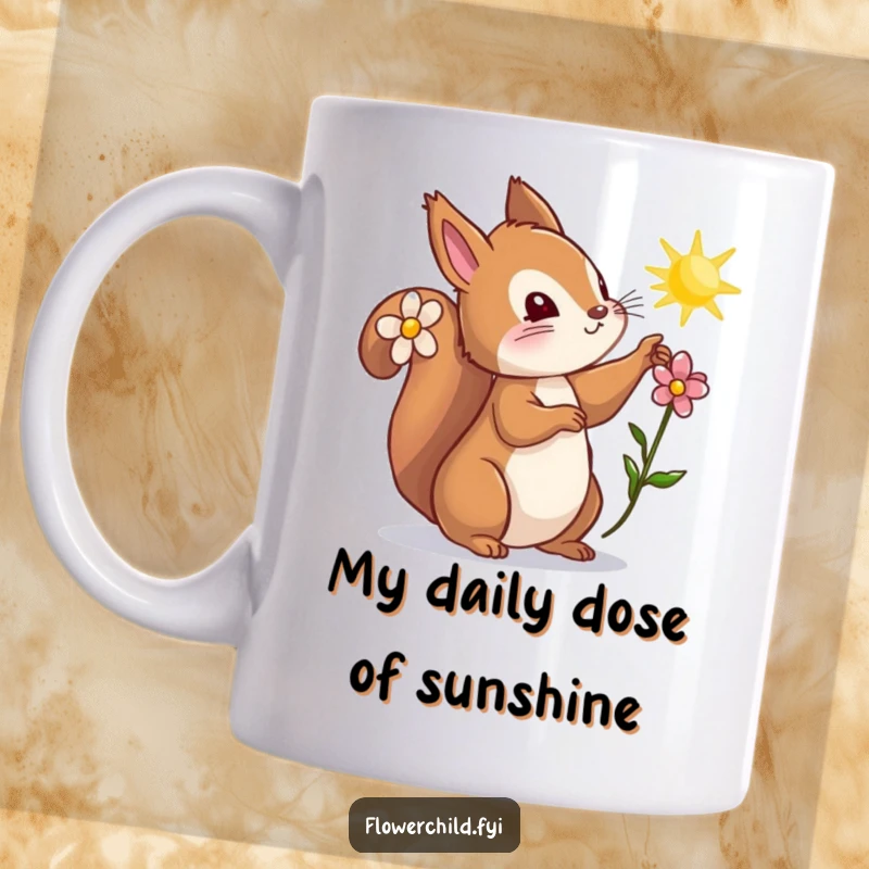 Funny squirrel mug with a flower behind its ear, curiously reaching for a warm sunbeam, radiating peaceful innocence and joy.