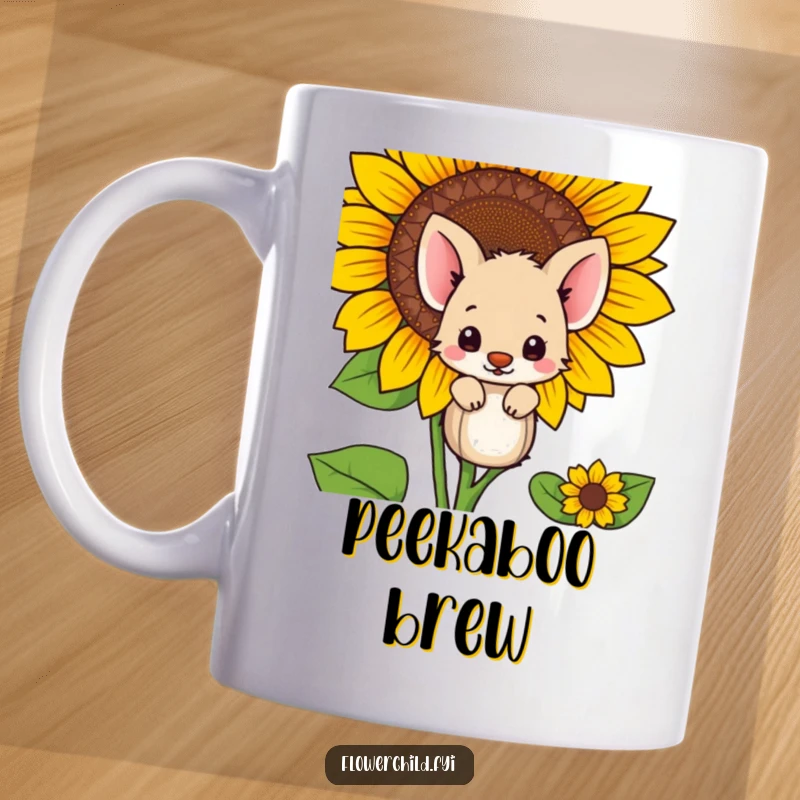 Funny shy animal character hiding behind a huge sunflower, on a mug, expressing bashfulness humorously.