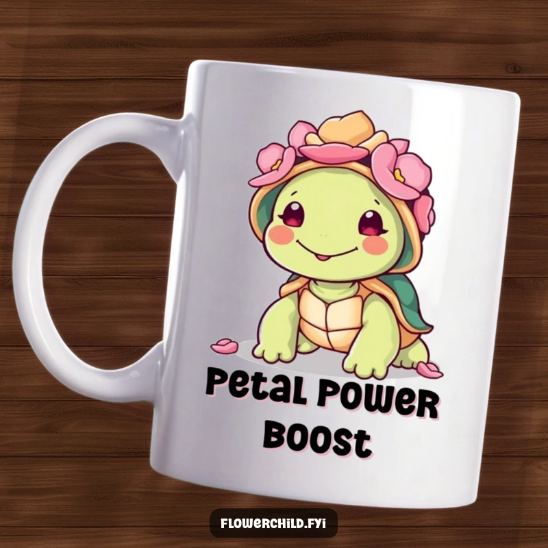 Funny smiling turtle character with a shell decorated in colorful petals, featured on a delightful mug.