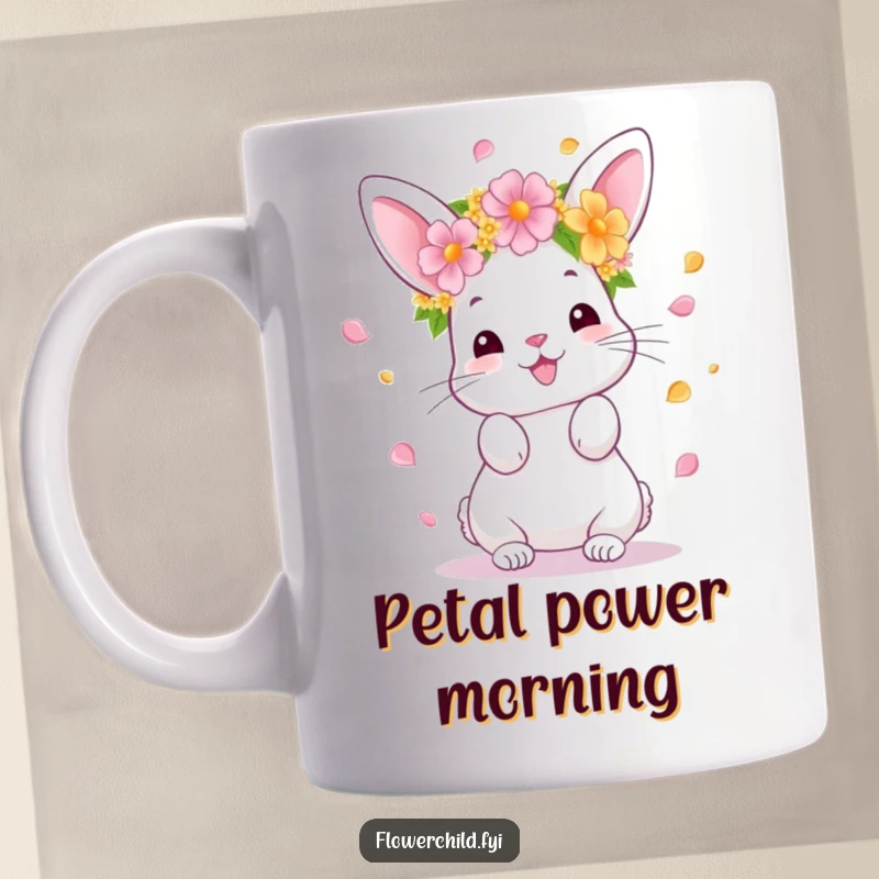 Funny Bunny Mug with Flower Crown happily tossing petals in the air, embodying pure joy and spring vibes, a perfect gift.