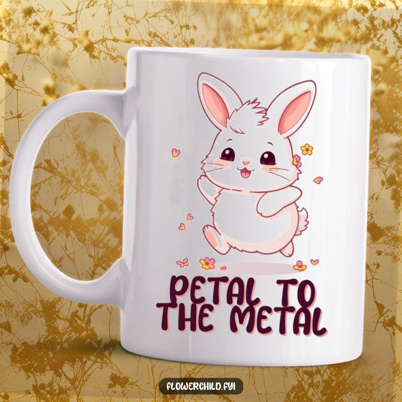 Funny Fluffy Bunny Mug: A cute, fluffy bunny with delicate flower petals in its fur skips joyfully through a spring scene. Adorable gift.