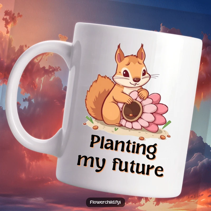 Funny mug depicting a determined squirrel burying a large flower seed, symbolizing growth and ambition. Great gardener gift.