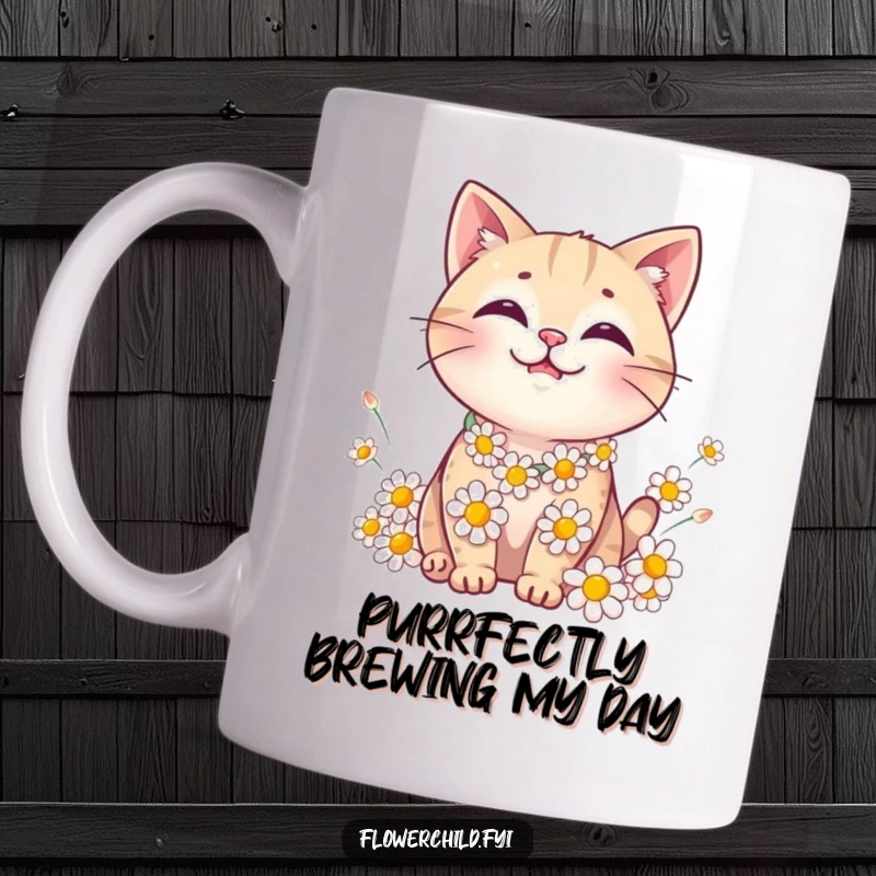 Funny Smiling Cat Mug: A cute cat wearing a daisy chain, surrounded by petals, exuding happiness.