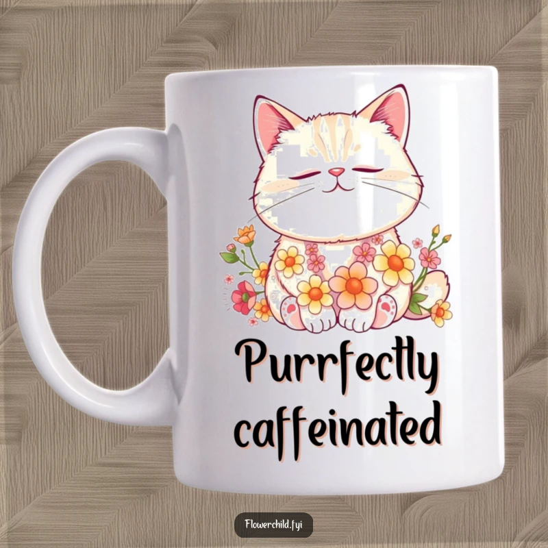 Funny Cat Flower Nap Mug: A contented cat with flowers woven into its fur peacefully naps, embodying ultimate relaxation and charm.