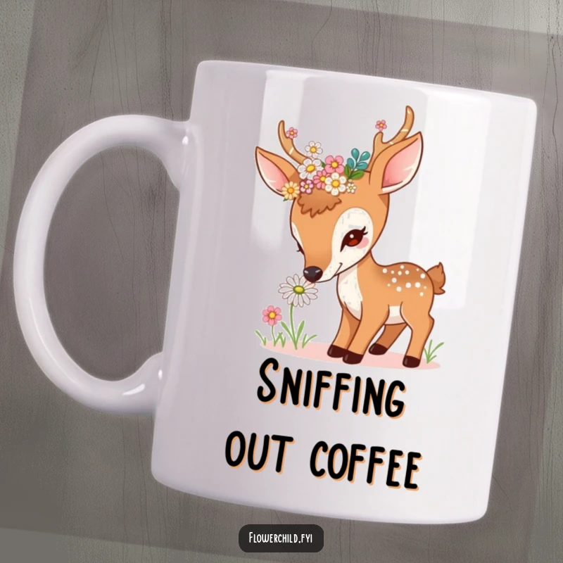 Funny curious deer mug, with flowers in antlers, sniffing a daisy, gentle and inquisitive, perfect for nature lovers, funny gift.