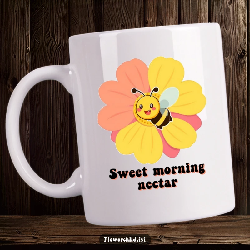 Funny smiling bee mug, happily buzzing around a large, colorful flower, symbolizing joy and nature's beauty.