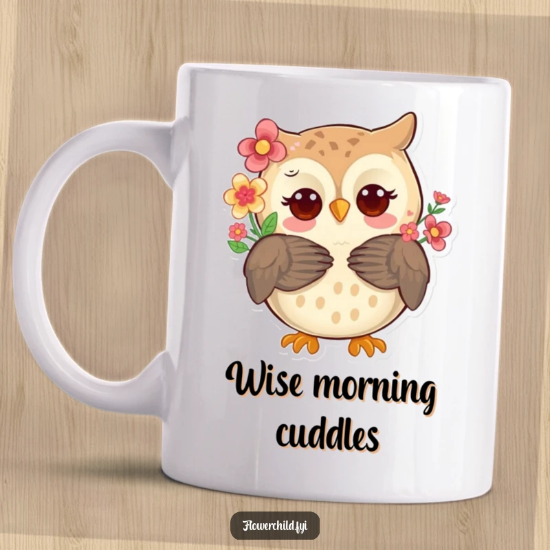 Whimsical owl with flowers in its feathers, offering a warm hug, printed on a ceramic mug.