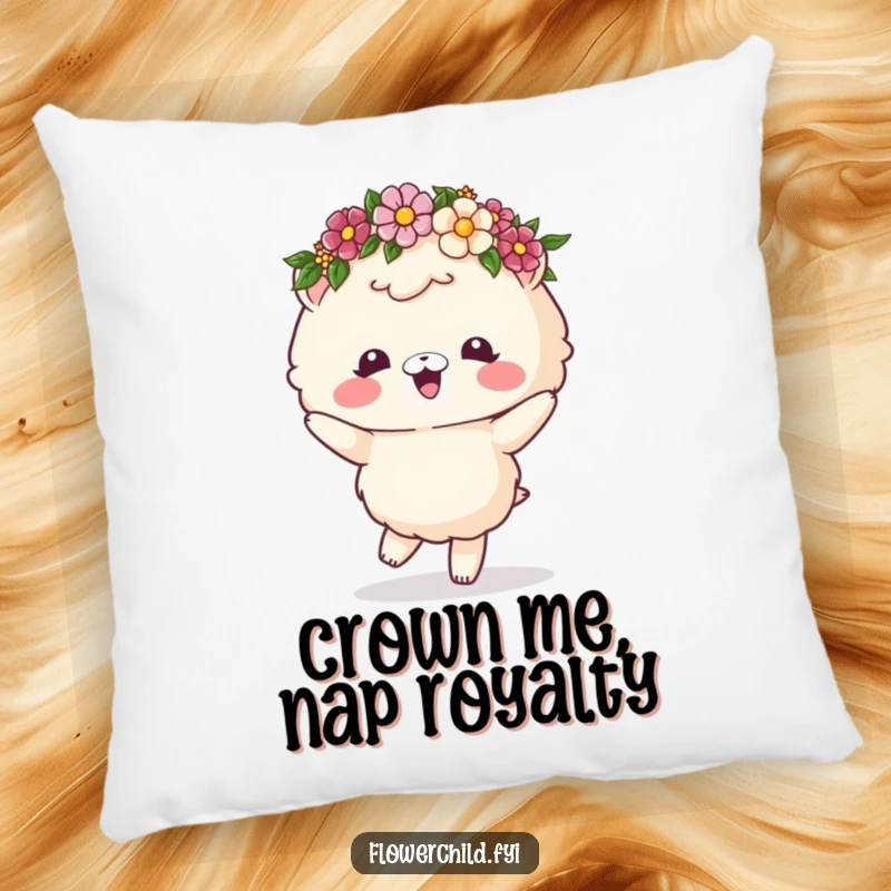 Funny pillow with a fluffy animal wearing a flower crown, dancing merrily, providing a soft spot for relaxation.