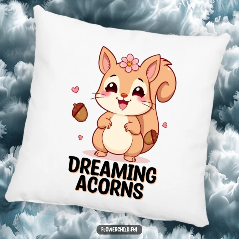 Funny Squirrel Petals Pillow: A soft pillow featuring a beaming squirrel with petals juggling acorns, offering funny comfort.