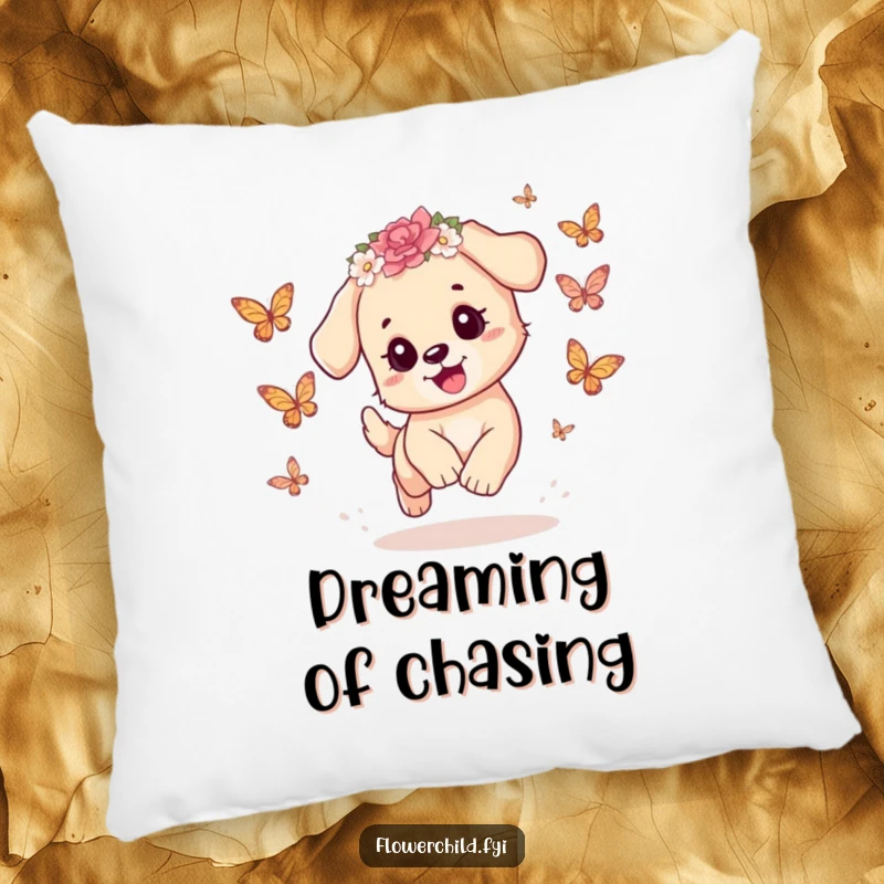 Funny Puppy Pillow: A playful puppy wearing a flower crown chases butterflies on this soft pillow, bringing cozy comfort and sweet puppy charm.