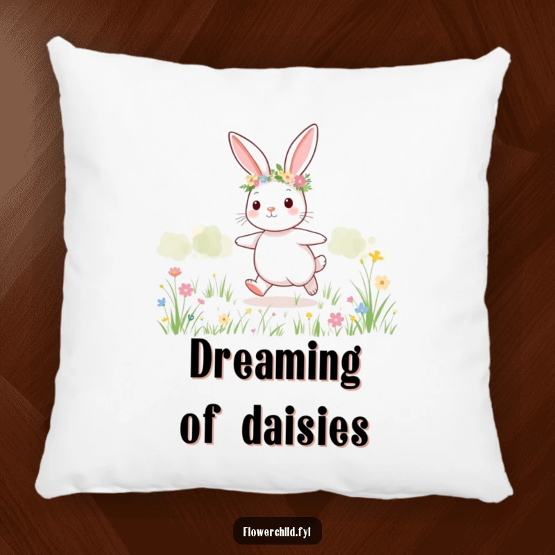 Funny bunny meadow throw pillow, a cute bunny wearing a flower crown skipping through a field.