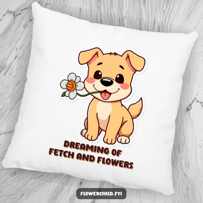 Funny Dog Flower Pillow: A decorative pillow with a playful dog holding a flower, tail wagging.