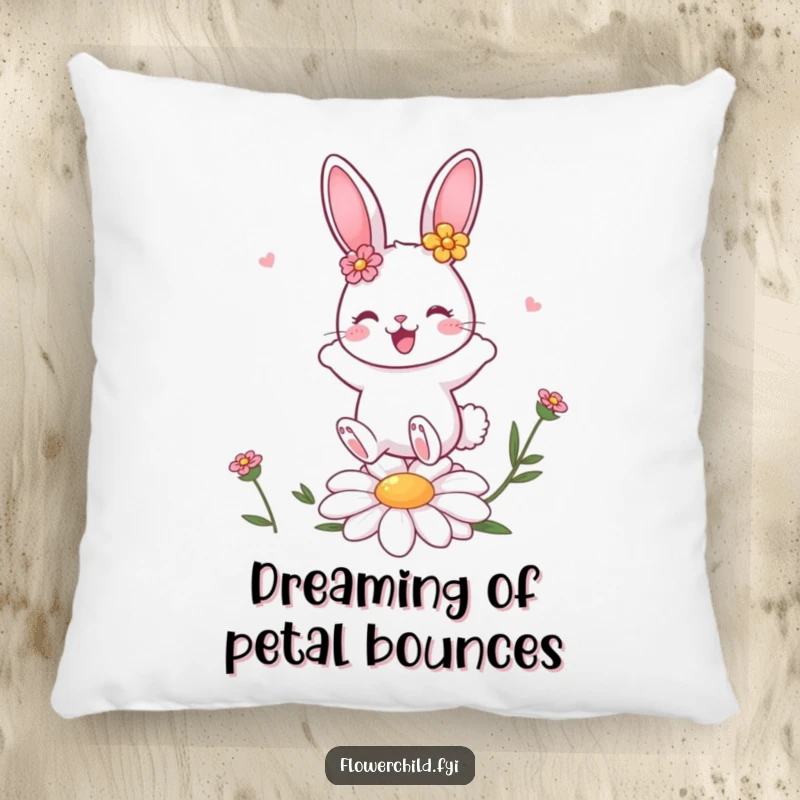 Funny cute bunny character with flower decorations bouncing on a daisy, a soft and decorative pillow.
