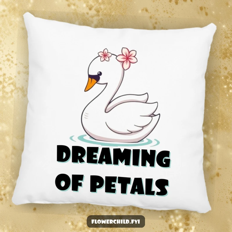 Funny decorative pillow with a graceful swan wearing a flower on its head, gliding peacefully.