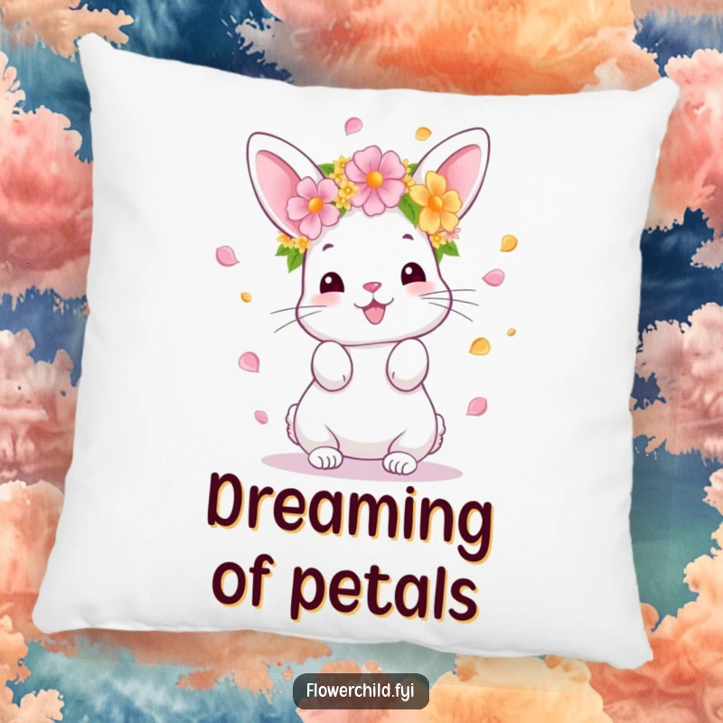 Funny Bunny Pillow, soft and cuddly, showcasing a happy bunny with a flower crown tossing petals, promoting joy and comfort, a perfect funny gift.