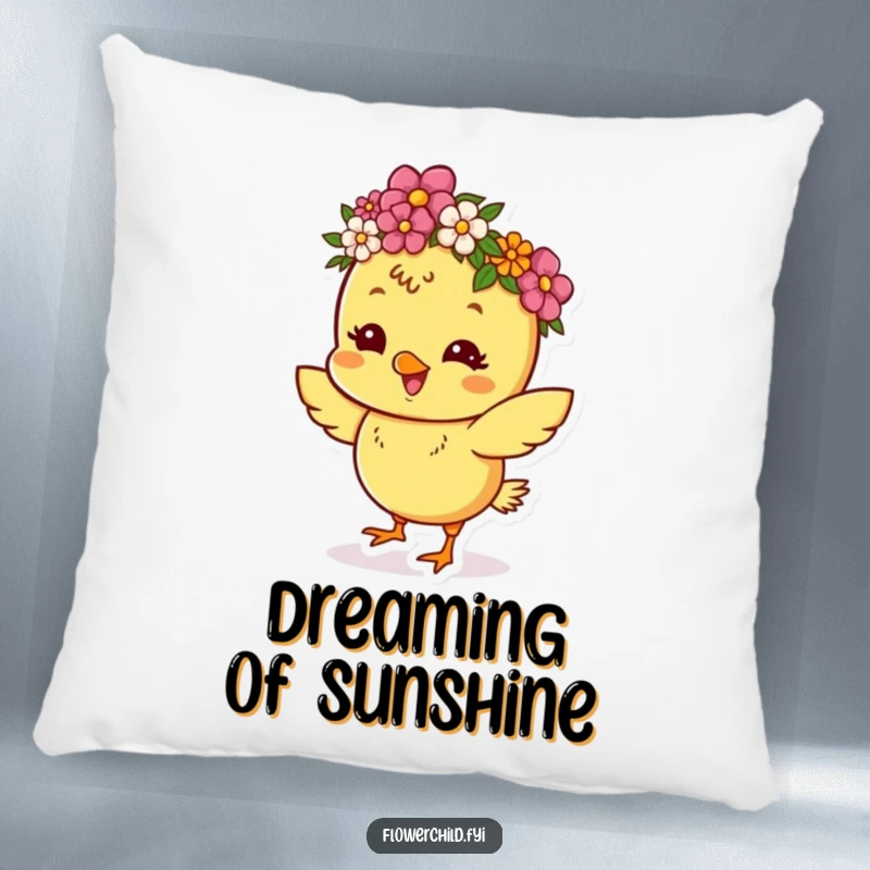 Funny pillow with a happy, dancing chick wearing a flower crown, adding a touch of festive fun.