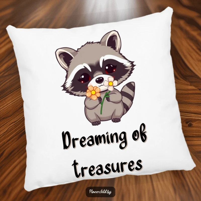 Funny raccoon flower pillow featuring a peeking raccoon with a floral mask, offering soft comfort and a cheeky, humorous vibe.