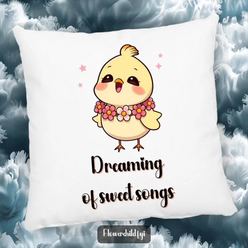 Funny decorative pillow with a happy bird wearing a flower garland, singing sweetly, perfect for cozy spaces.