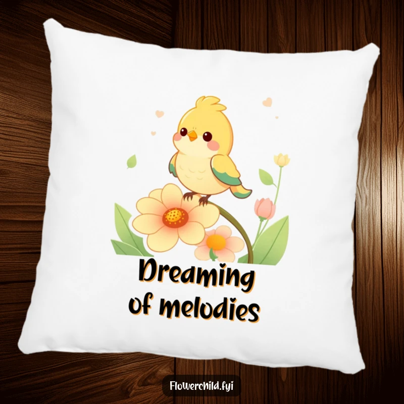 Funny happy singing bird on a flower, featured on a soft and decorative humorous pillow.