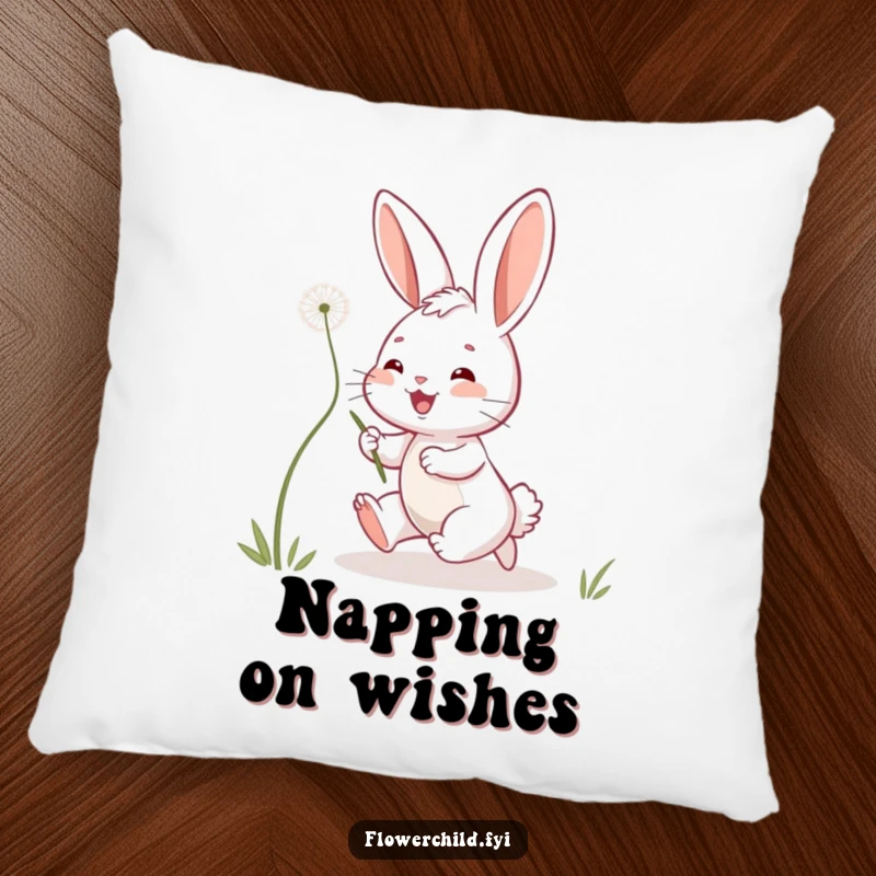 Funny bunny pillow depicting a playful bunny chasing dandelion seeds, perfect for adding soft comfort and a whimsical touch to any decor.