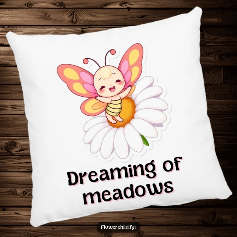 Funny pillow with a joyful butterfly character, colorful wings in motion, dancing around a large, happy daisy.