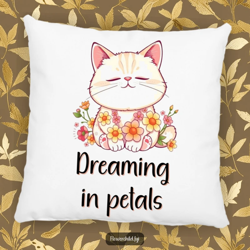 Funny Cat Flower Nap Pillow: A contented cat peacefully naps, adorned with woven flowers, creating a cozy and charming accent pillow.