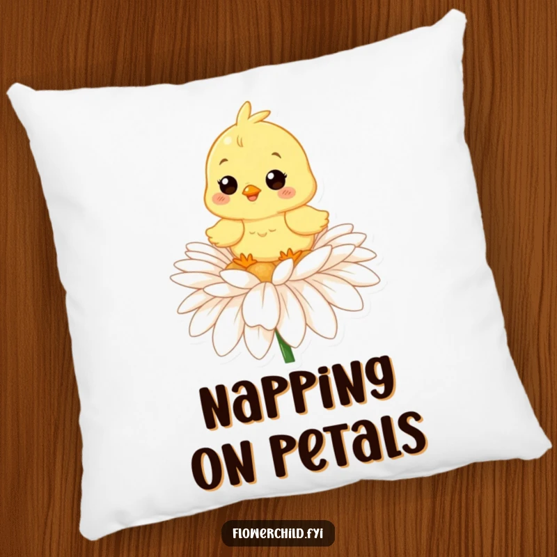 Funny decorative pillow featuring a happy chick perched on a big daisy, perfect for adding a cheerful touch.