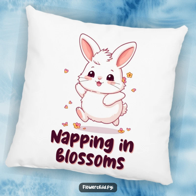 Funny Fluffy Bunny Flower Pillow: A soft pillow with a funny design of a fluffy bunny, adorned with petals, skipping joyfully.