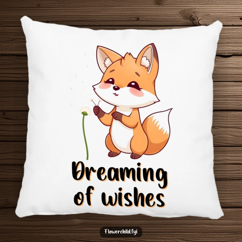 Funny Pillow featuring a playful fox smiling, blowing dandelion seeds into the wind, perfect for cozy spaces.