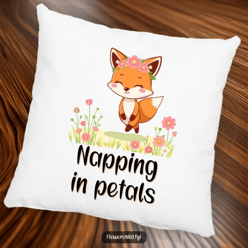 Funny Fox Flower Crown Pillow: A charming pillow showcasing a cheerful fox adorned with a flower crown, skipping joyfully in a meadow.