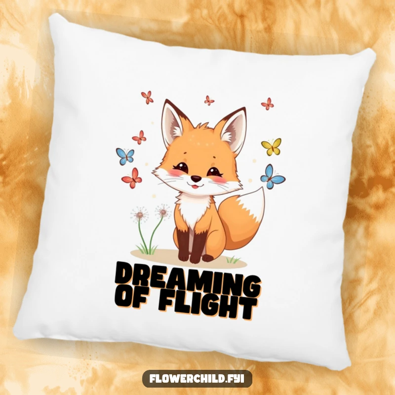 Funny fox meadow throw pillow, a playful fox with dandelions in its fur chasing butterflies.