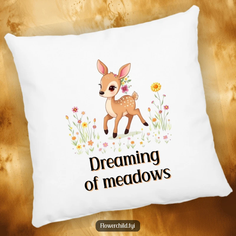 Funny Gentle Deer Wildflower Pillow: A soft pillow with a funny design of a gentle deer adorned with wildflowers, peacefully prancing.