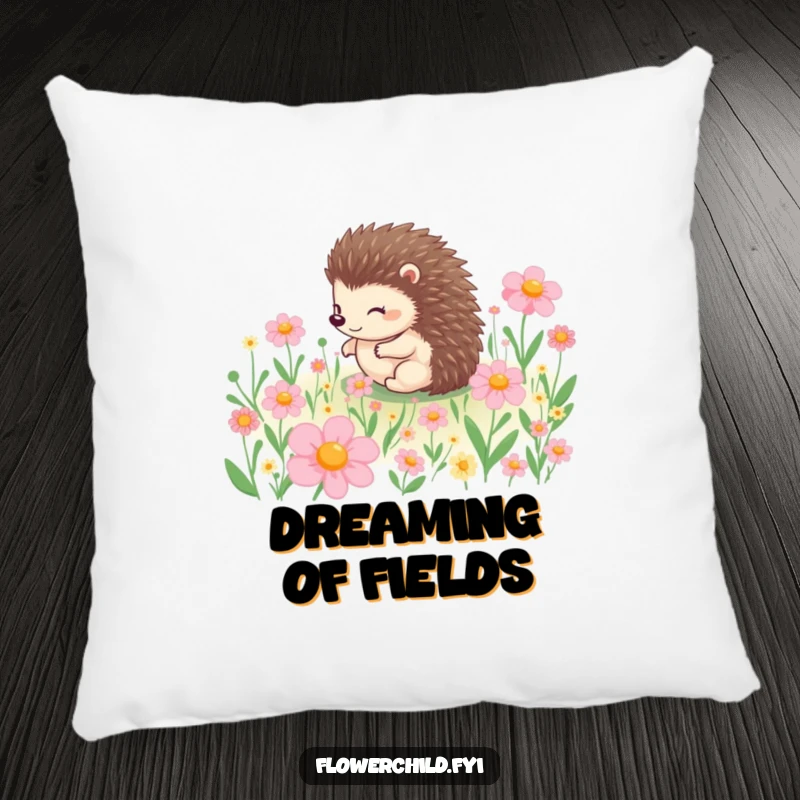 Funny pillow featuring a charming hedgehog character rolling playfully amidst a beautiful array of blooming flowers, offering cozy comfort.