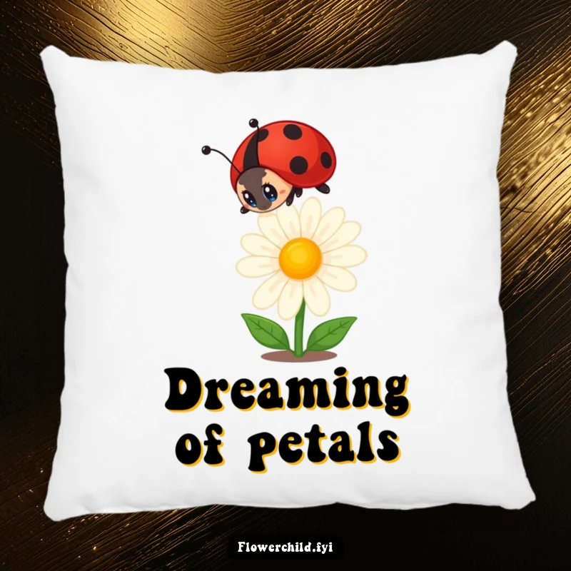Funny ladybug pillow depicting a curious ladybug gazing at a blooming daisy, offering comfort and a touch of playful, nature-inspired decor.