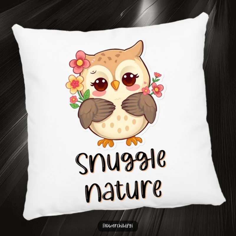 Soft decorative pillow featuring a whimsical owl with flowers in its feathers, offering a warm and comforting hug.