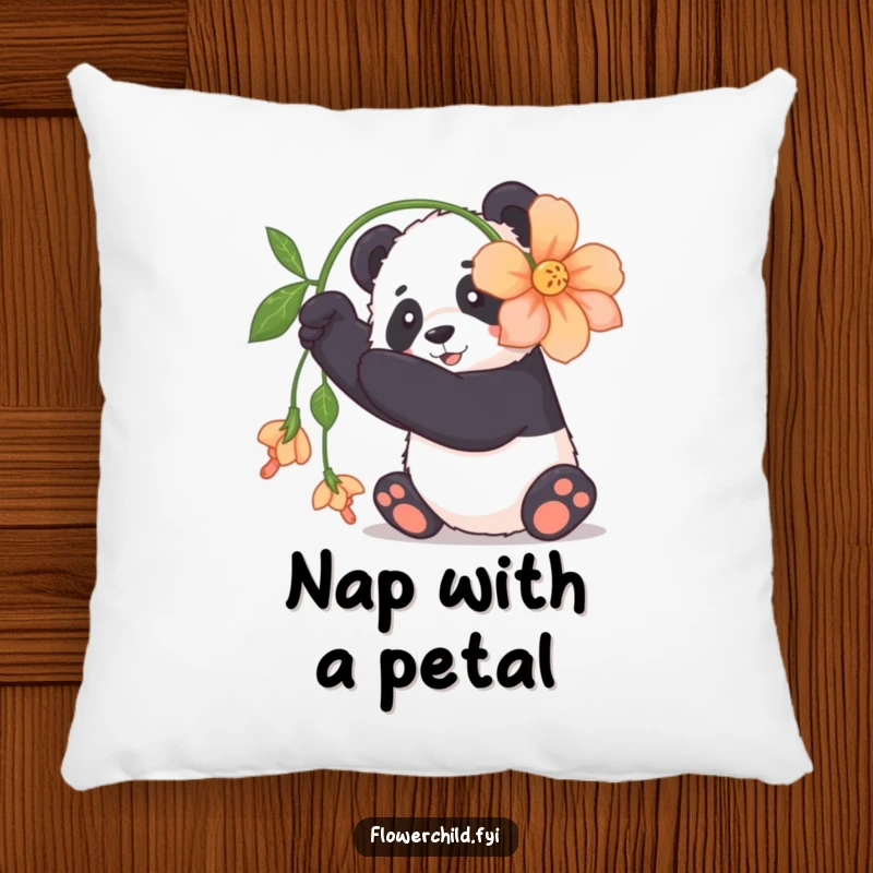 Funny panda pillow featuring a cuddly panda playfully batting at a large, dangling flower, incredibly cute.