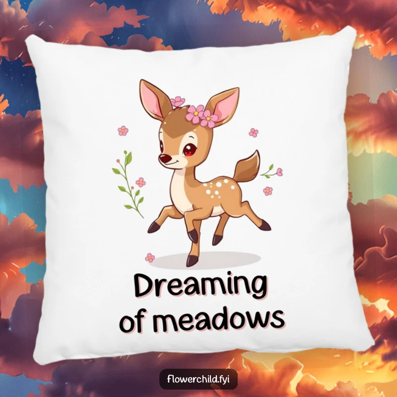 Funny prancing deer pillow, a small, graceful deer with flowers in its fur, joyfully leaping, perfect for cozy, charming decor.