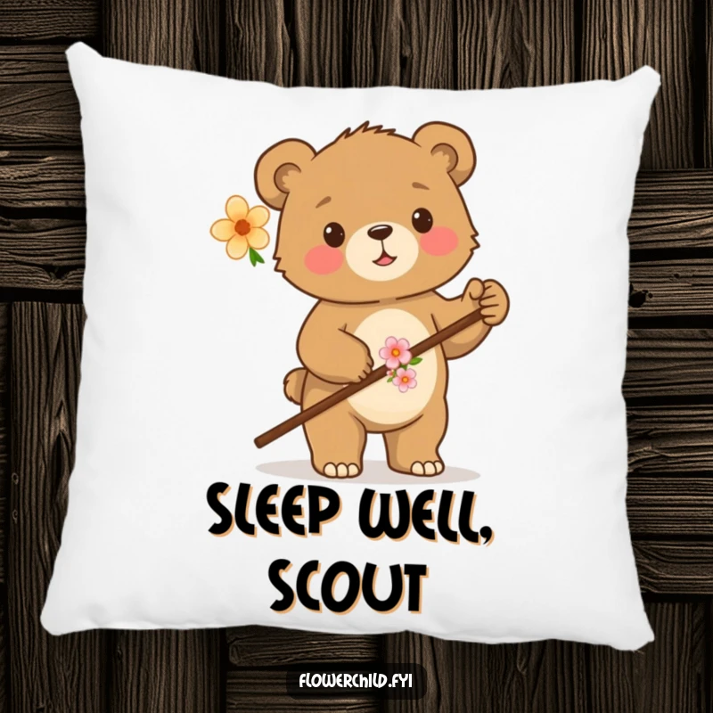 Funny pillow with a proud bear cub holding a flower-decorated walking stick, perfect for adding a touch of woodland comfort.