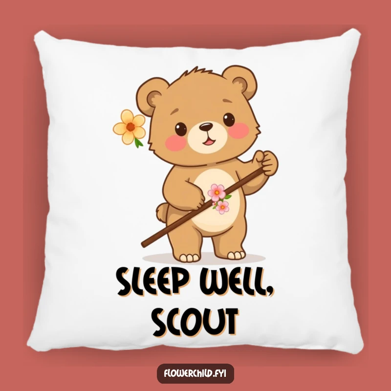 Funny Proud Bear Cub Walking Stick Pillow - Cozy Woodland Accent Cushion Gift